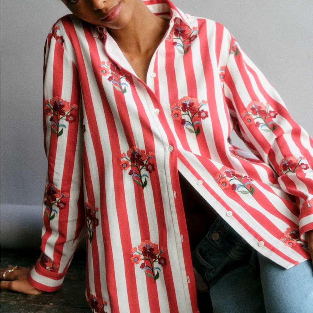 NWT Sezane Striped Floral Button Down Shirt